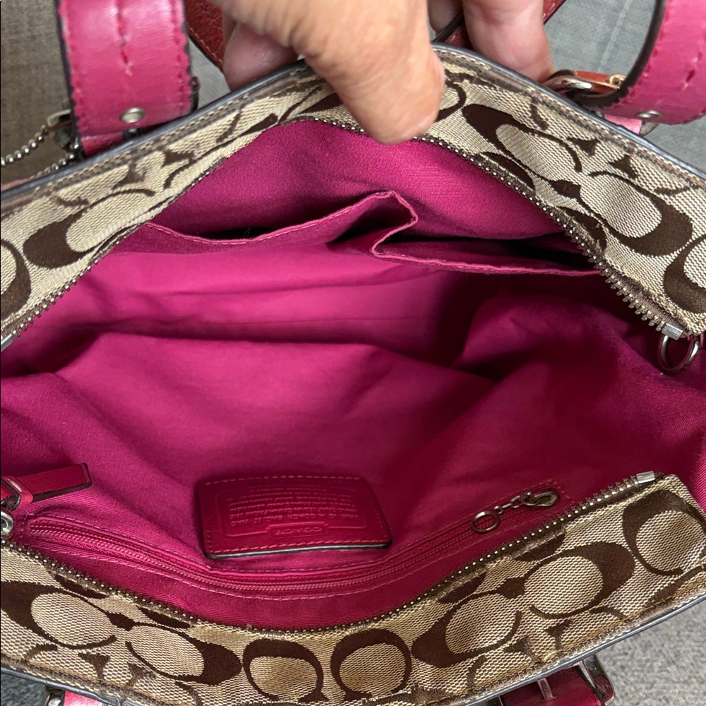 Coach Brown Signature Canvas Tote with Pink Trim - Picture 12 of 15